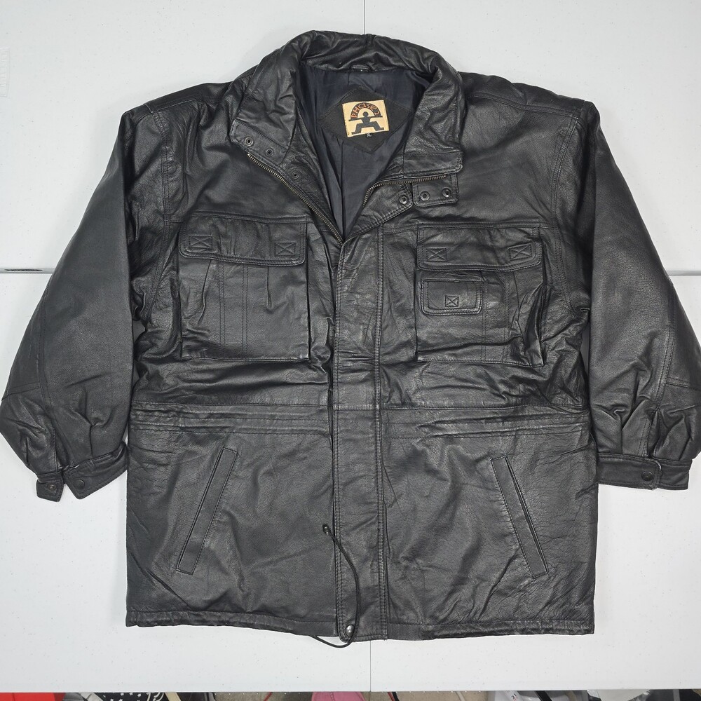Vintage Phase 2 Men XL Black Leather Car Coat/Chore Barn Jacket Belted